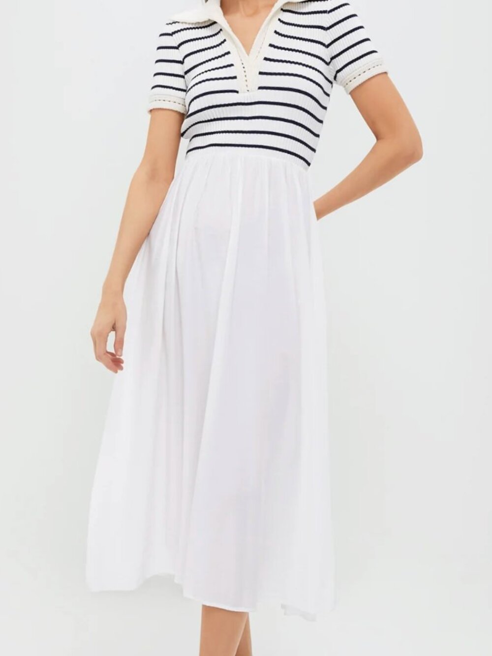 Moon River Ivory Striped Polo Midi Dress